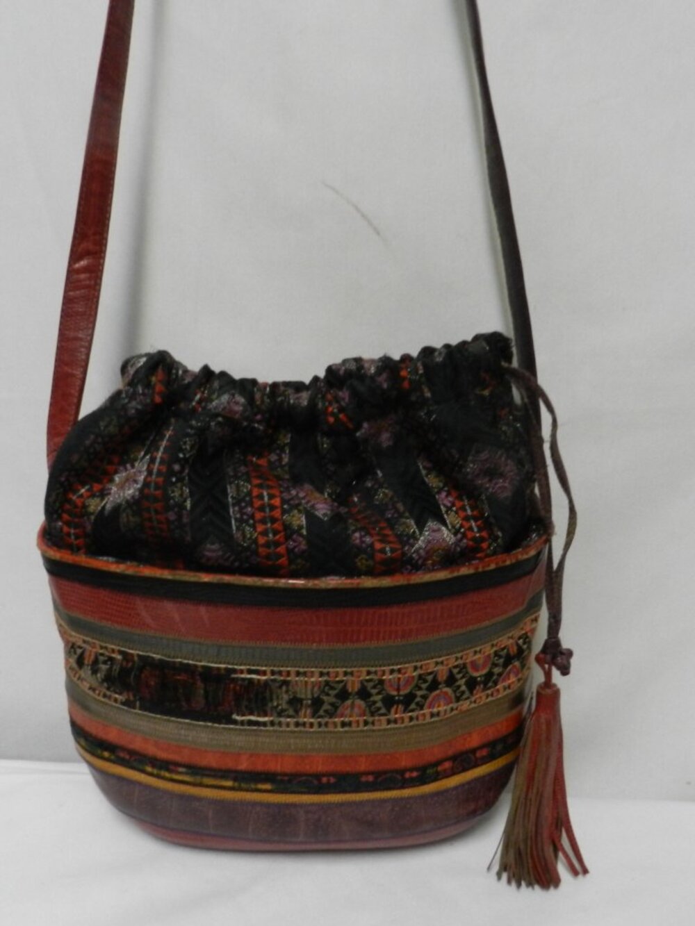 Sharif Vintage Leather Snakeskin patchwork drawstring bucket shoulder bag purse